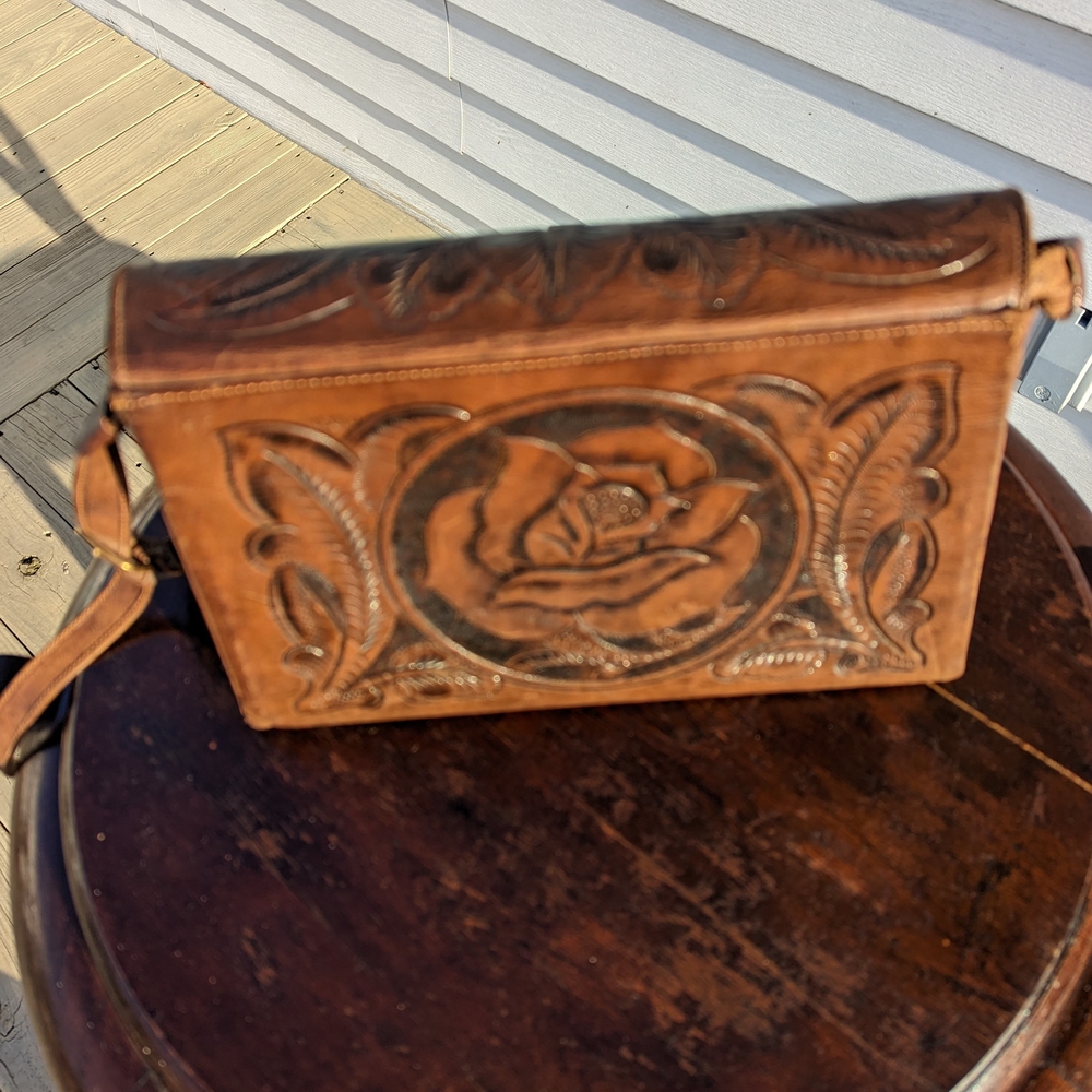 Vintage Brown Leather Floral Embossed Women's Bag